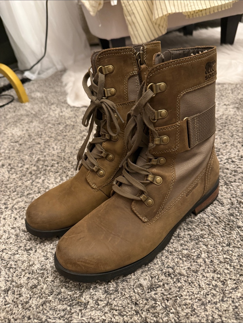 Sorel Womens Emelie Conquest Combat Boots Brown Leather Side Zip Lace Up 8.5
